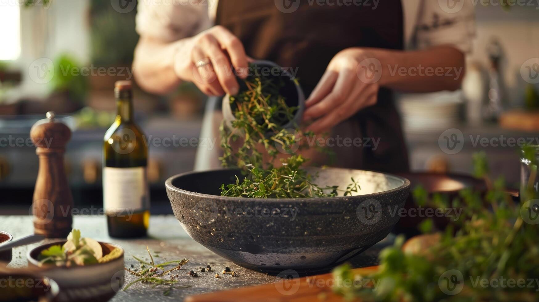 A person in a kitchen adding herbs and es to a dish emphasizing the beneficial effects of these ingredients on brain health photo