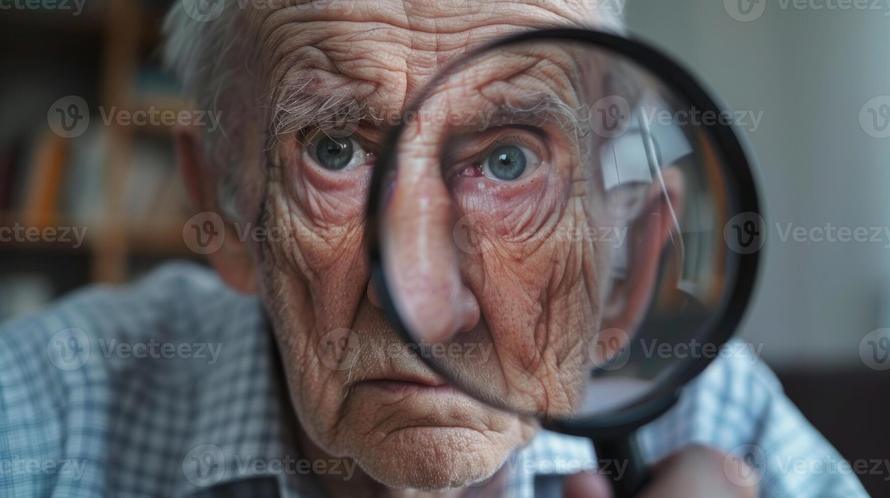 A senior citizen holds a magnifying glass up to the computer screen trying to read the small text and struggling to keep up with the fastpaced technological world photo