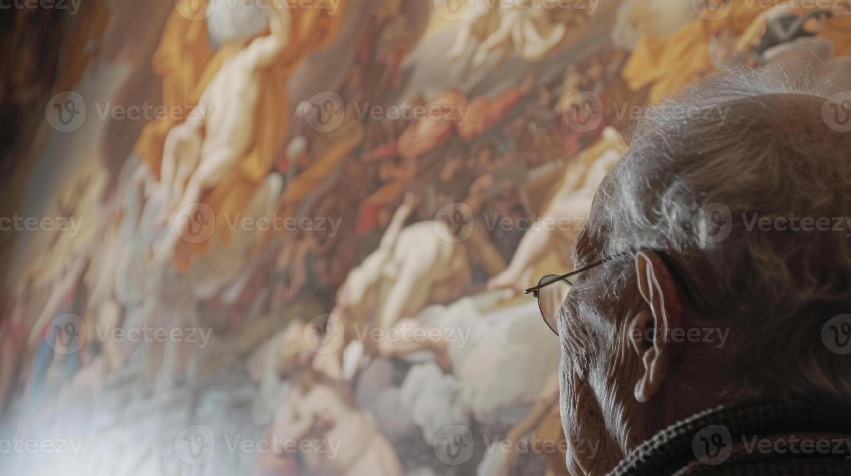 Virtual tour screen showing an elderly individual gazing in awe at the intricate details of a famous masterpiece painting photo