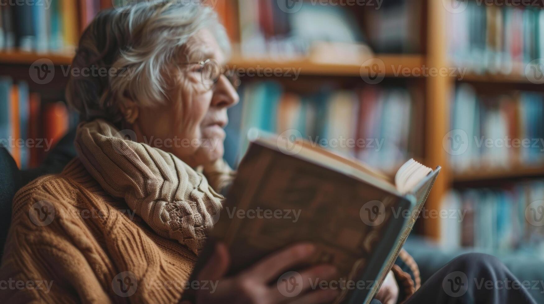 A resident organizing a book club with other residents in the shared library photo