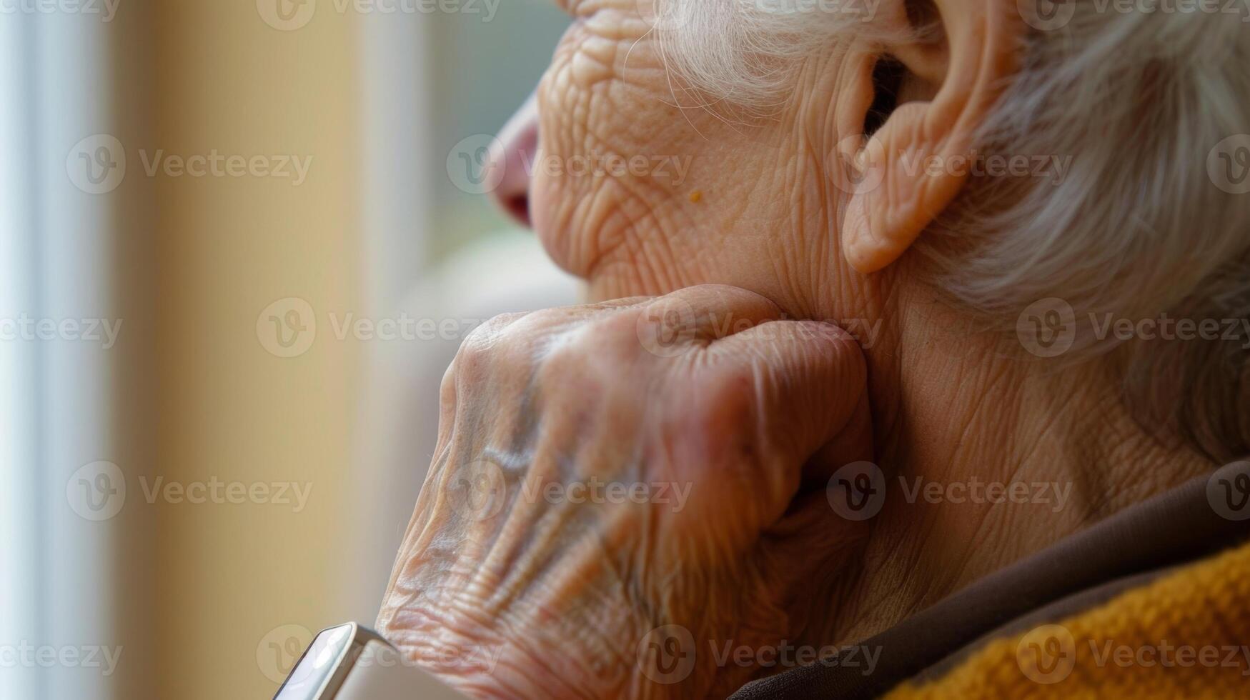 A side profile of an elderly person wearing a wristband with a builtin medication reminder and pill dispenser photo