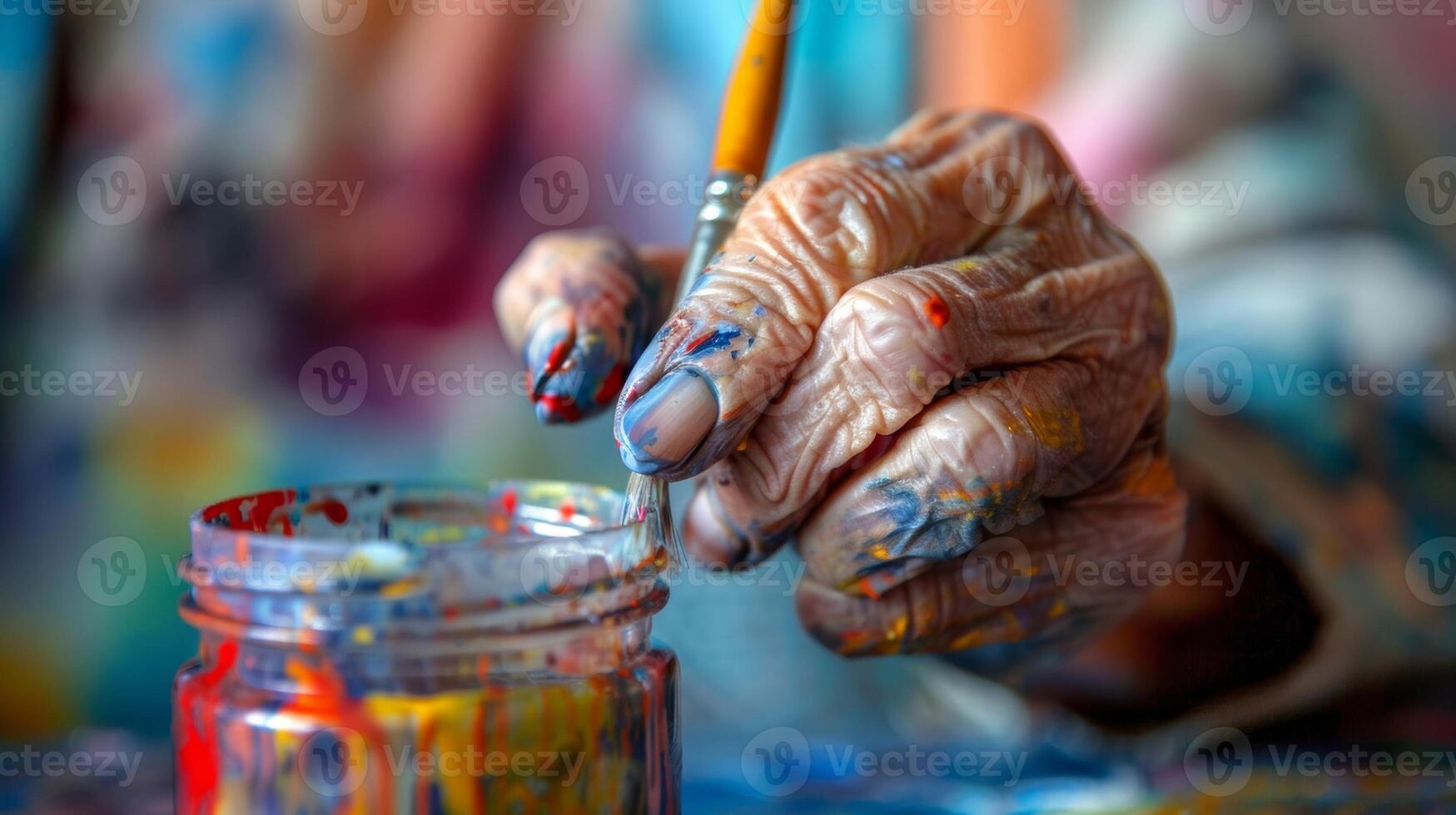 A closeup of a wrinkled hand dipping a paintbrush into a jar of paint showcasing the beauty of age and experience in the art of painting photo
