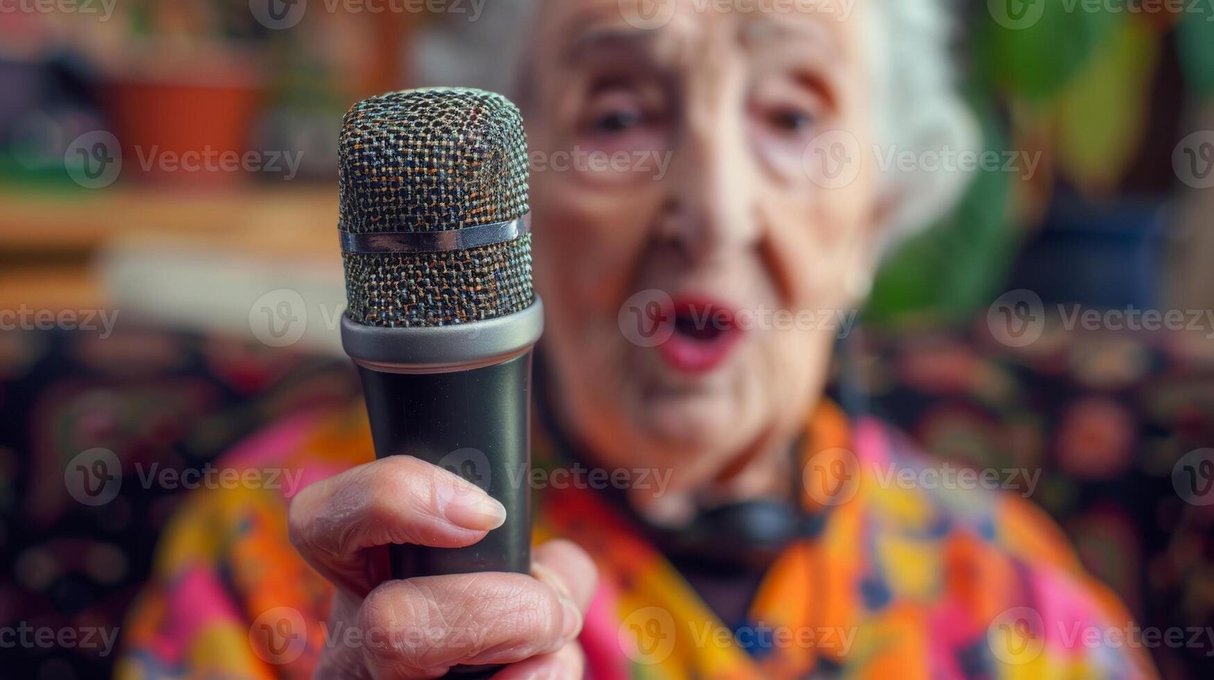A hand placing a microphone in front of an older woman ready to record her life story photo