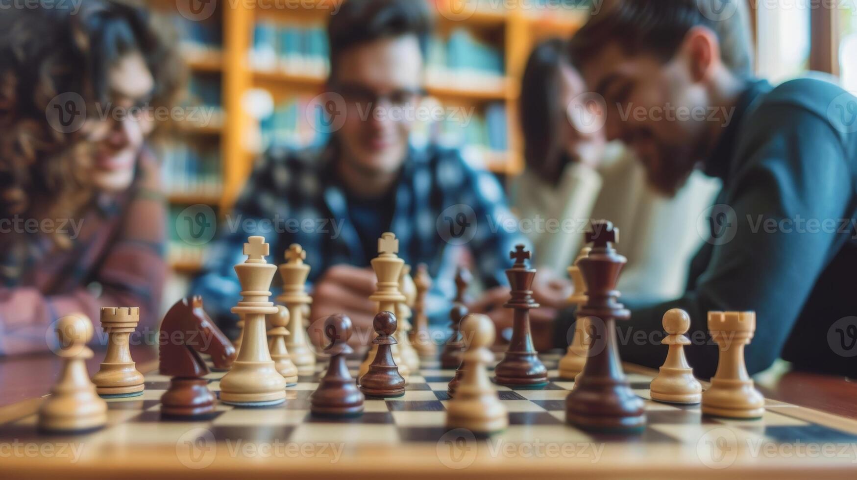 A group of friends enjoying a game of chess in a cozy and inviting library promoting cognitive stimulation and social interaction photo