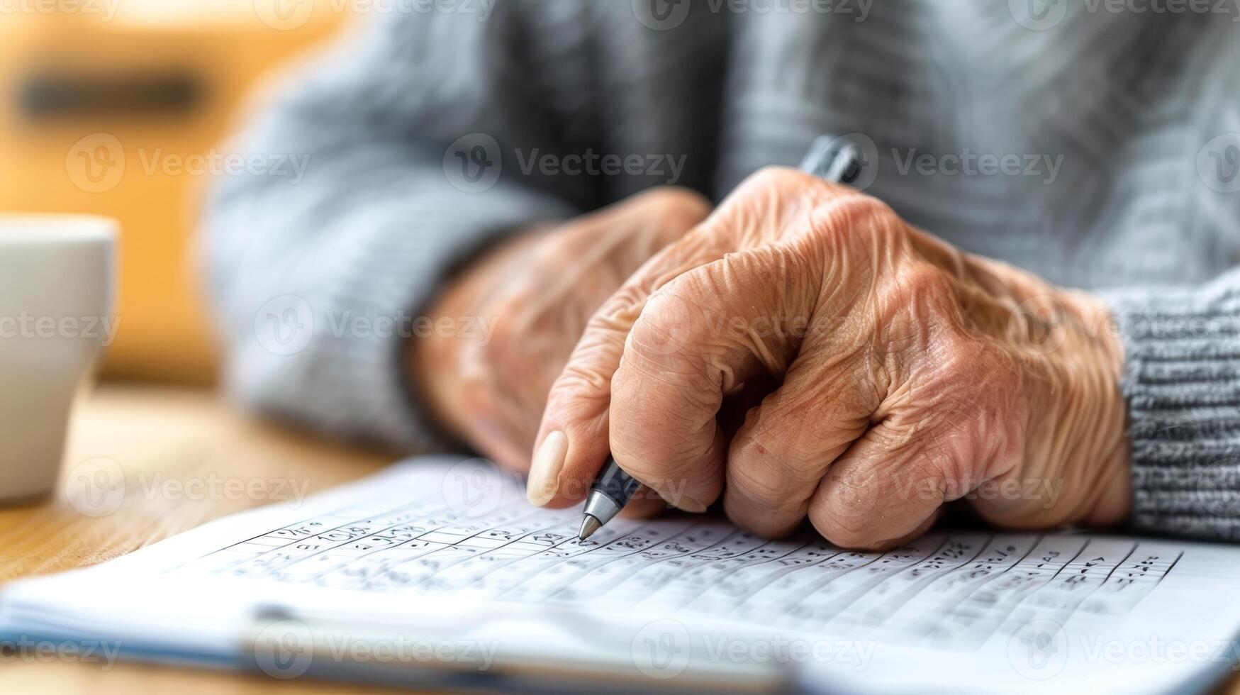 An elderly person holding a pen and filling out a crossword puzzle as part of a cognitive assessment photo