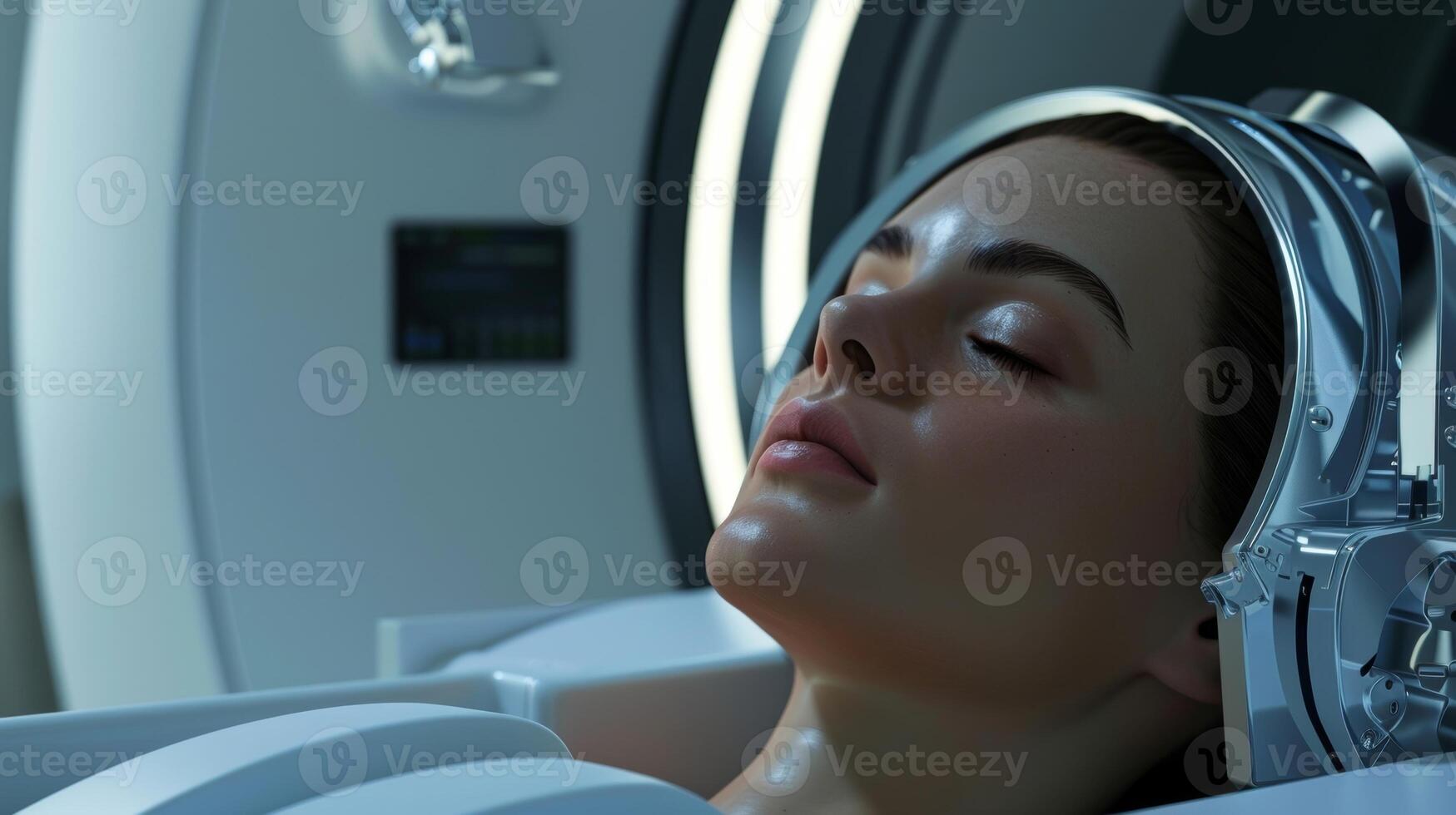 A closeup of a persons head inside the MRI machine with their eyes closed and a headrest for support photo