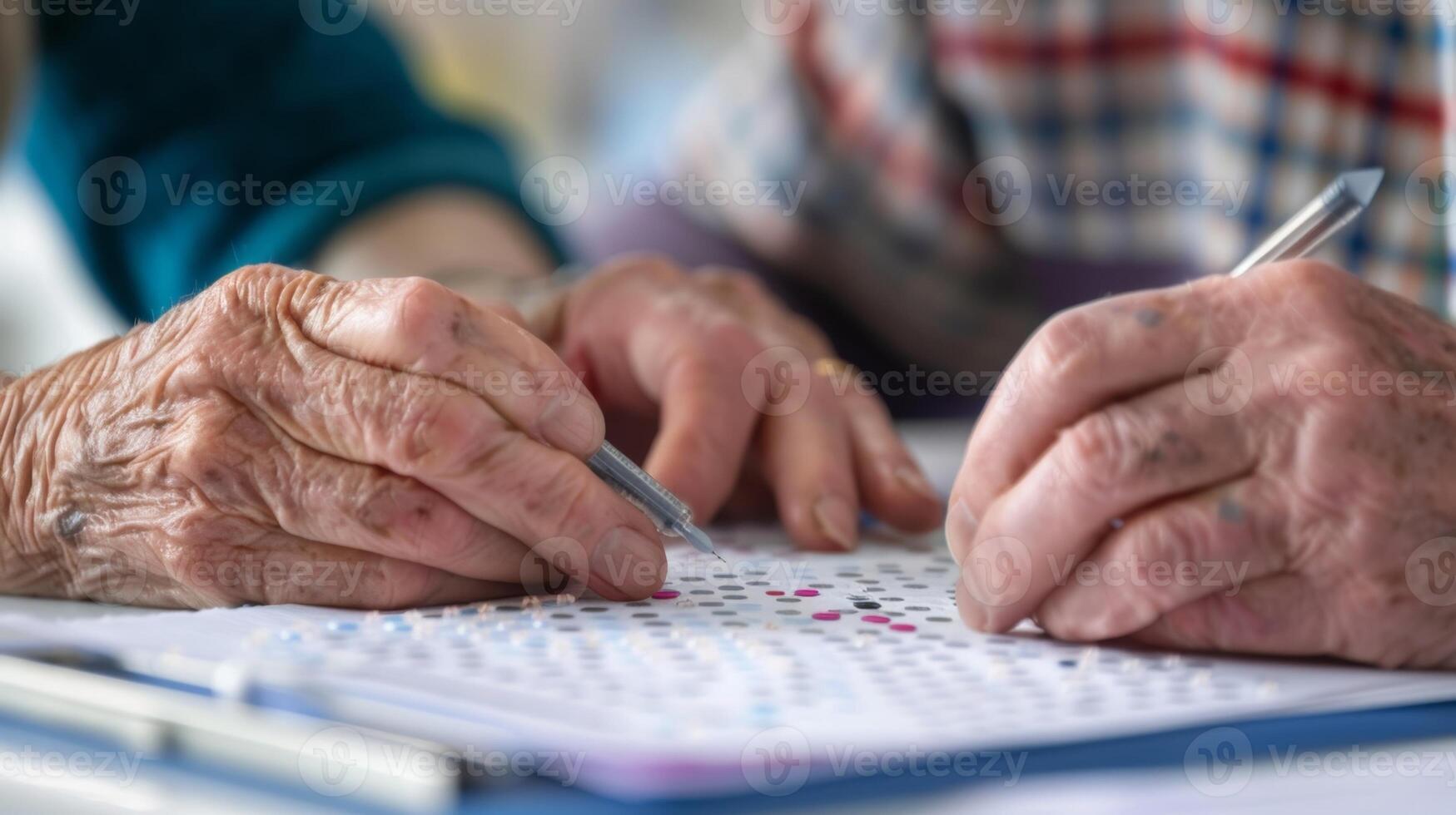 An elderly person counting objects or dots as part of a cognitive test while a healthcare professional tracks their progress photo