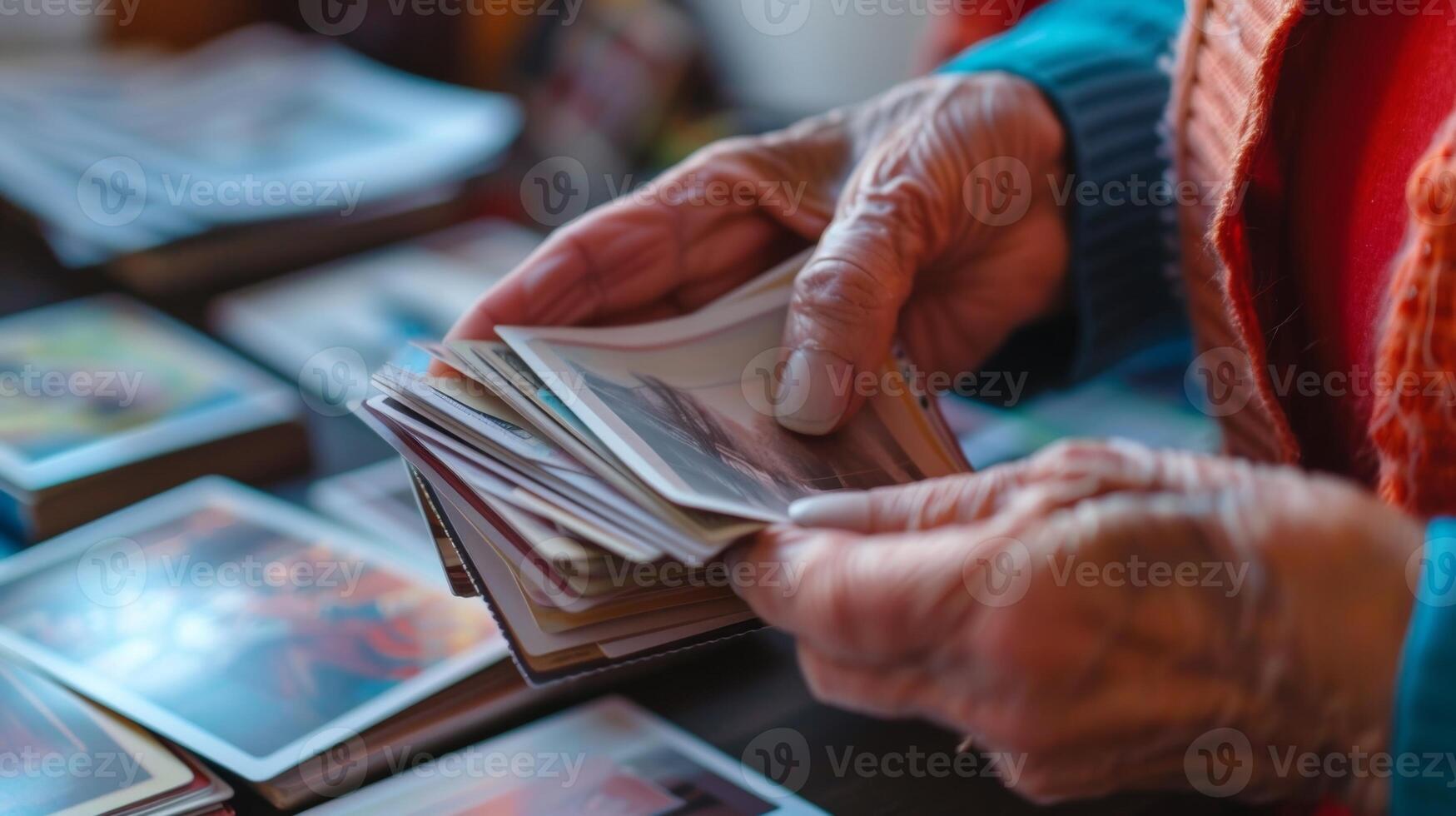 An elderly person sorting through a stack of cards with images and categorizing them during a cognitive test photo