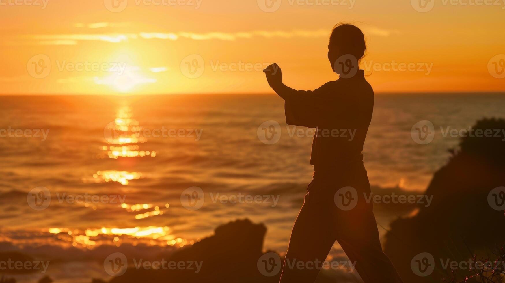 A serene silhouette of a person practicing tai chi by the ocean at sunset indicating the positive impact of mindbody activities on brain health photo
