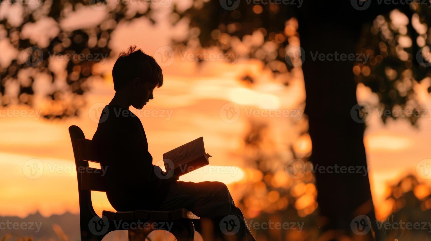 A simple silhouette of a person reading a book while sitting on a park bench at sunset emphasizing the importance of lifelong learning for brain health photo