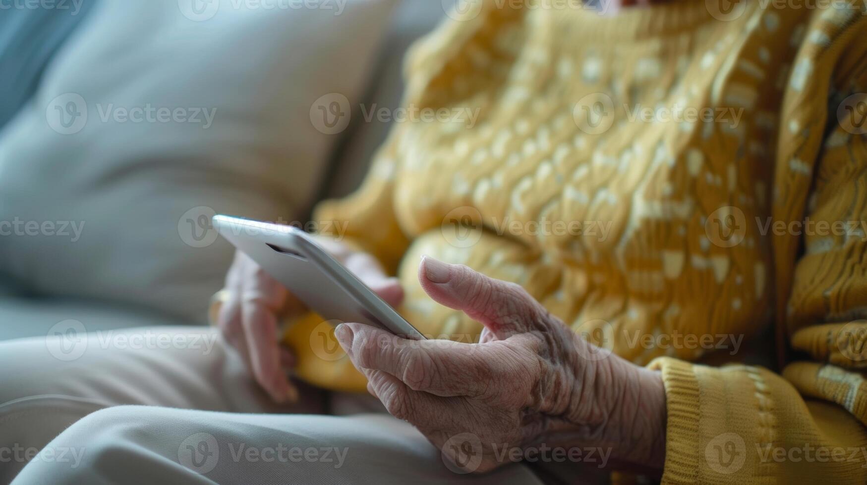 A senior citizen using a tablet to stay connected with distant family member photo