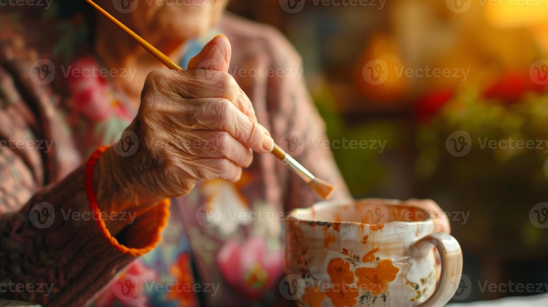 A senior woman delicately paints a ceramic mug using the activity to improve her fine motor skills in an art therapy session photo