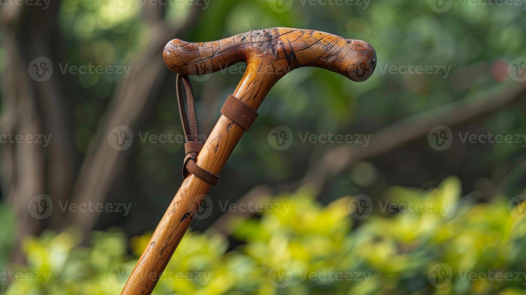 An aged wooden walking stick with a leather wrist s for easy carrying photo