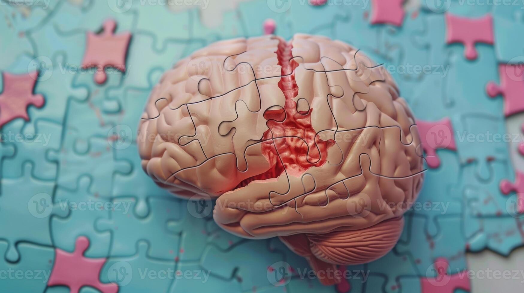 Graphic of a persons brain with a jigsaw puzzle piece missing representing the importance of seeking treatment for brain disorders and filling in the missing piece photo