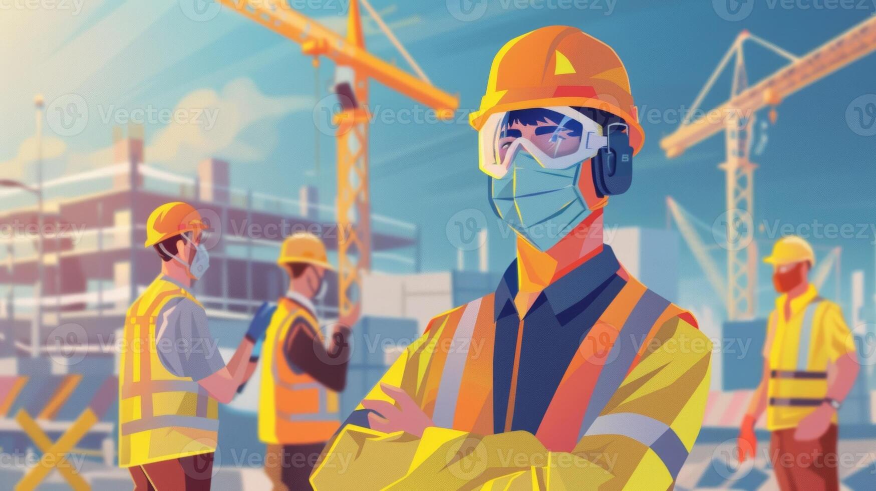 An informative poster outlining the safety protocols for the construction site with illustrations and bold text reminding workers to wear protective gear photo