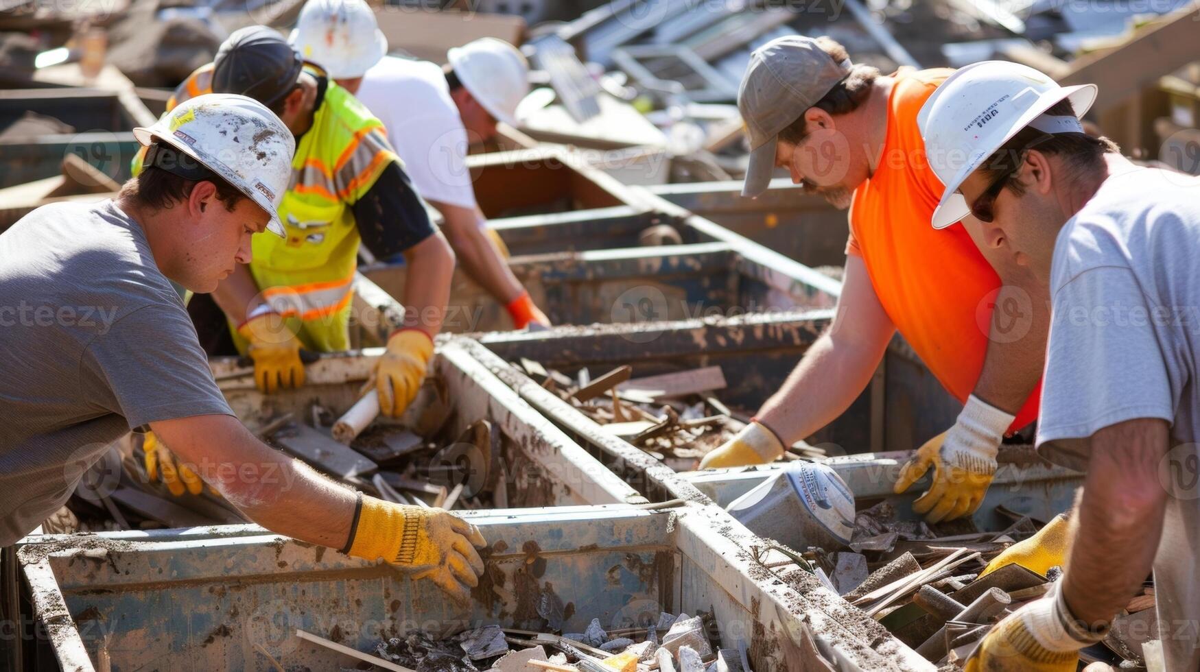 A group of workers carefully sorting and separating various construction debris including wood metal and concrete into designated recycling bins photo