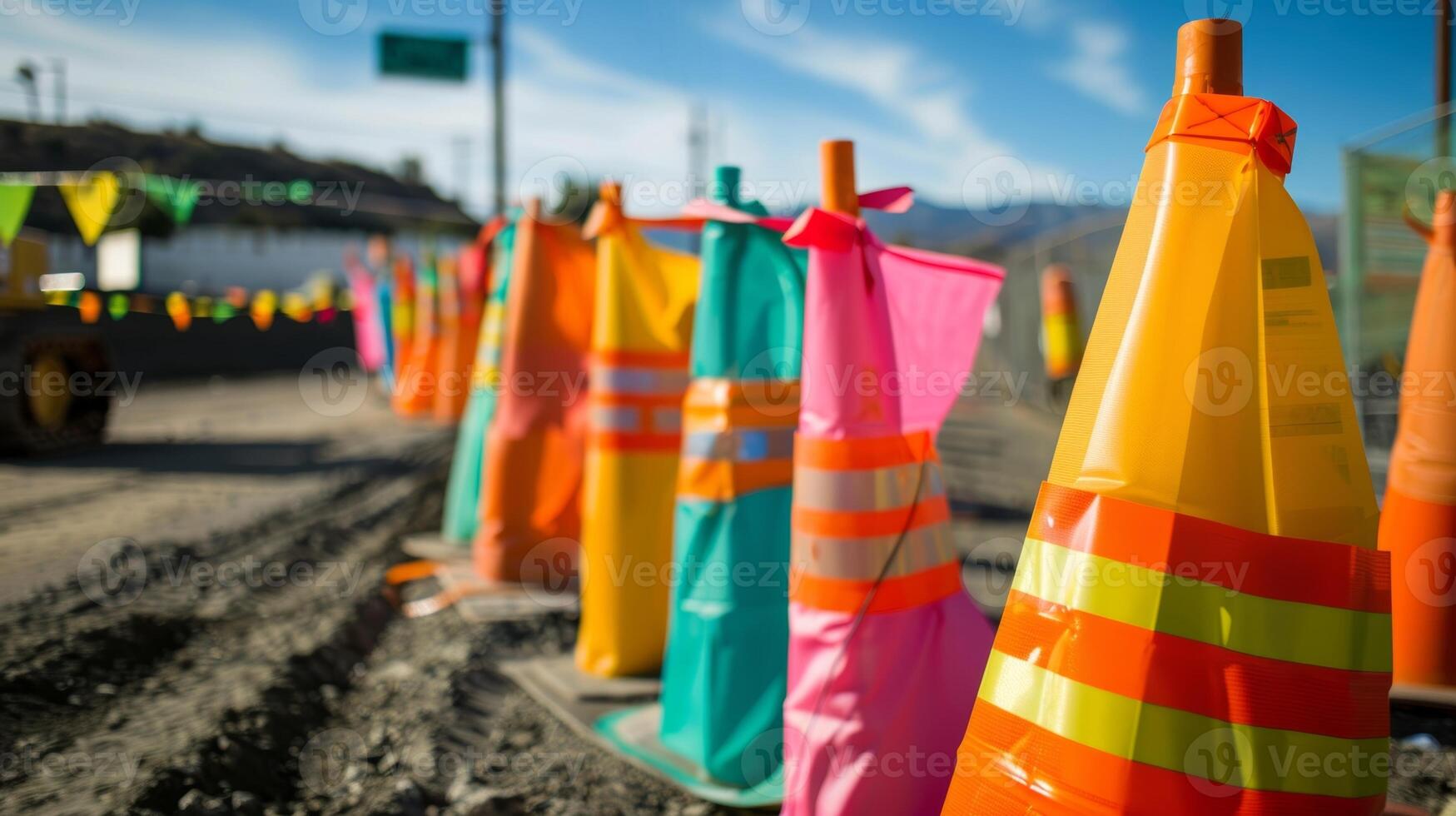 Brightly colored flags flutter in the breeze adding a festive and celebratory atmosphere to the construction zone photo