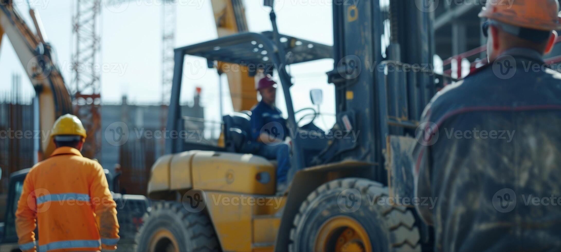 Workers using hand signals and verbal cues to guide a large forklift through a busy construction site photo