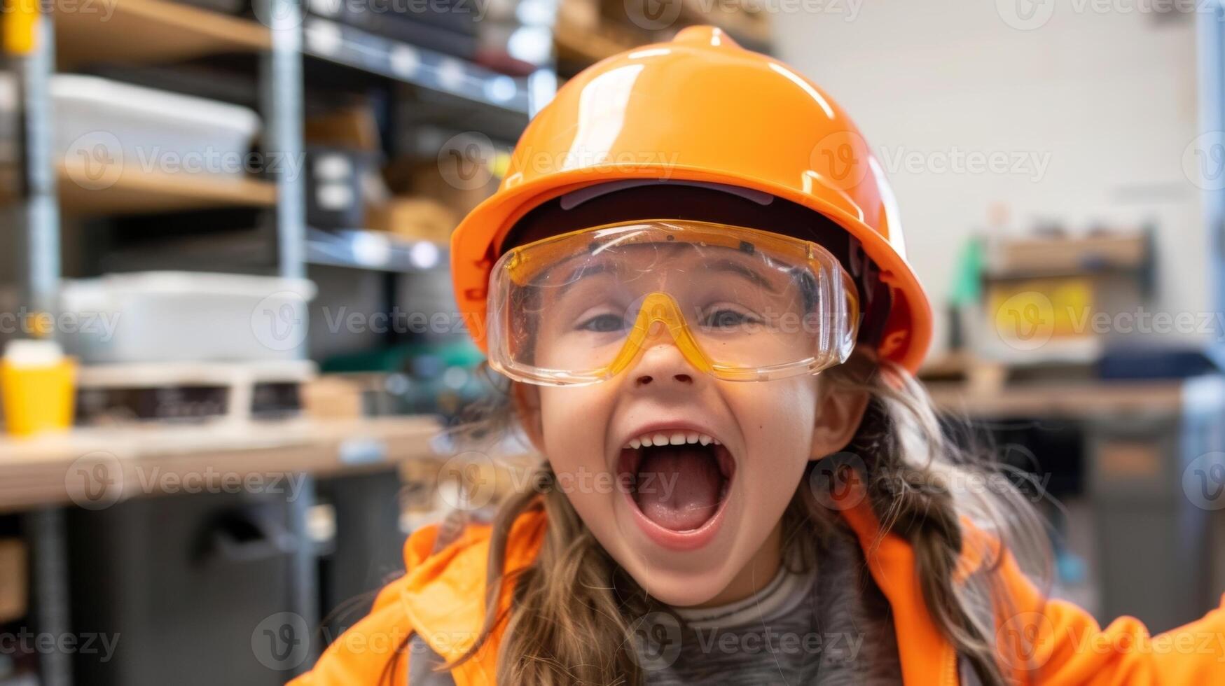 A young student excitedly trying on a hard hat and safety goggles feeling like a real construction worker for the day photo