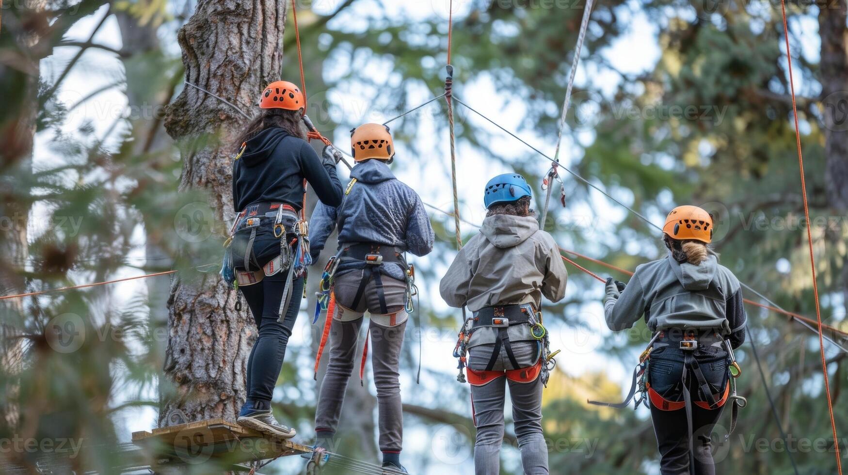 Four workers wearing harnesses and guiding each other on a high ropes course emphasizing teamwork and safety protocols photo