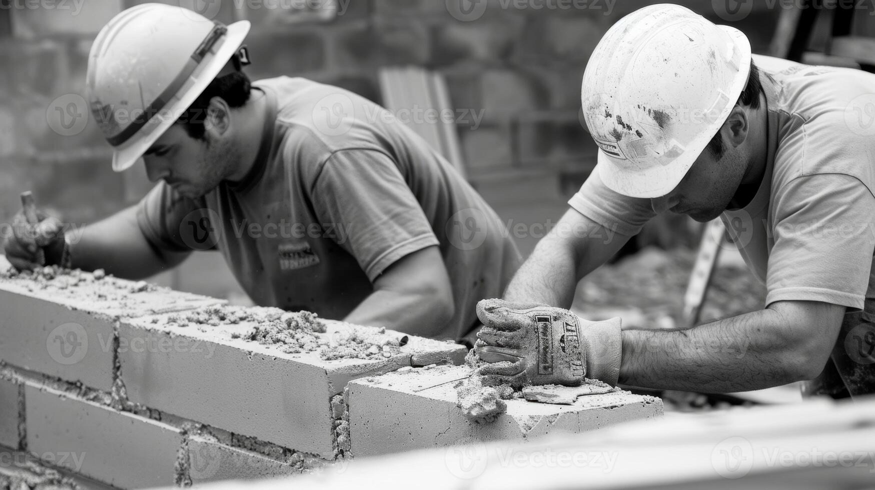 Two construction workers wearing hard hats and heavy gloves carefully lay bricks and cement to create a sy wall for a water retention structure photo