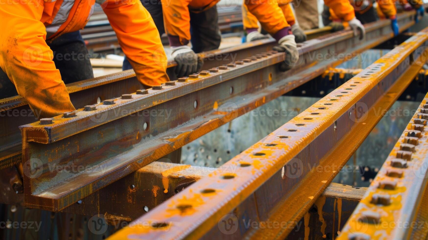 A group of workers carefully measure and reinforced steel beams which will be strategically p throughout the building to improve its seismic stability photo