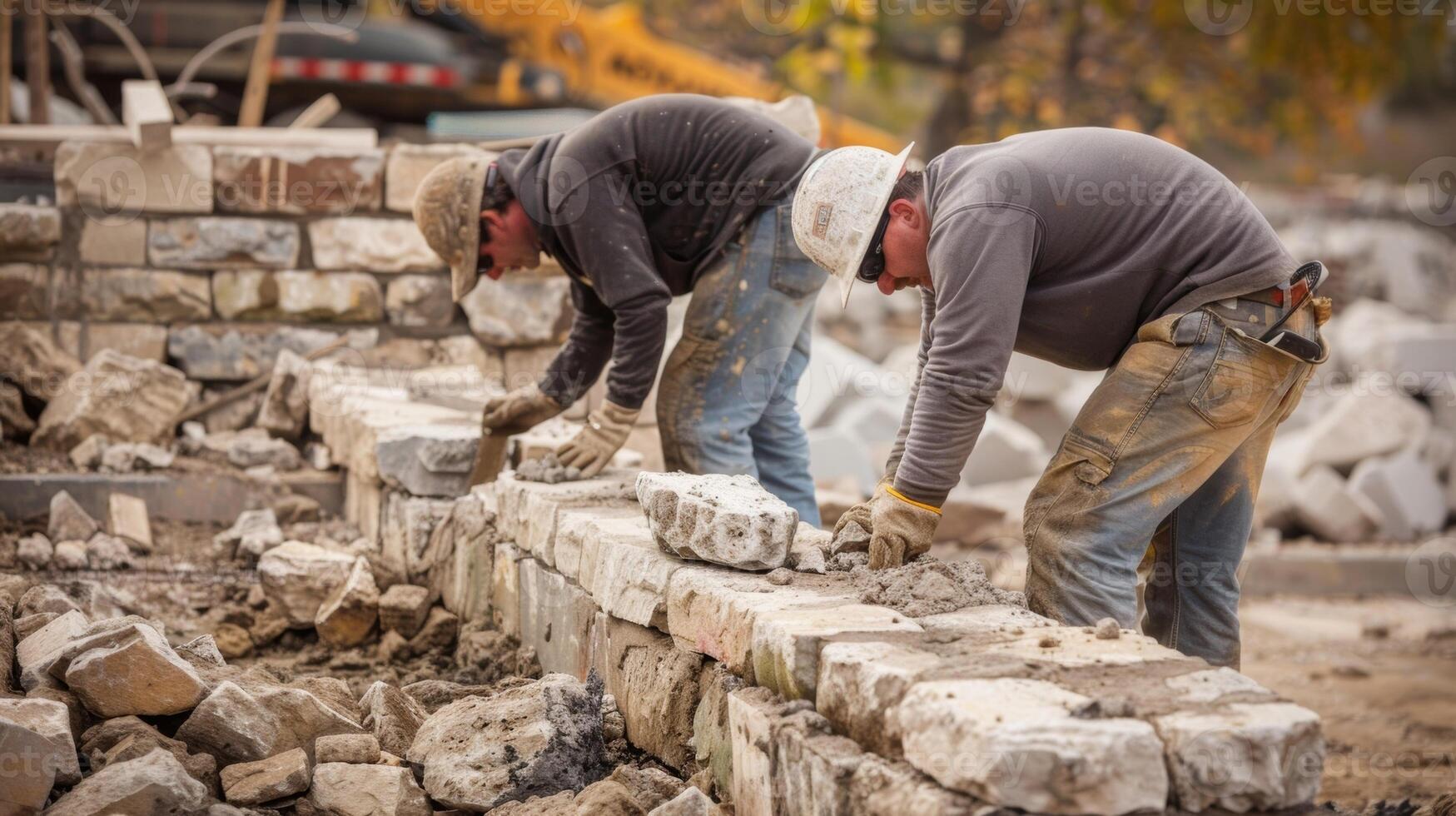 The precision and expertise of these masons is evident as they meticulously align each stone in place photo