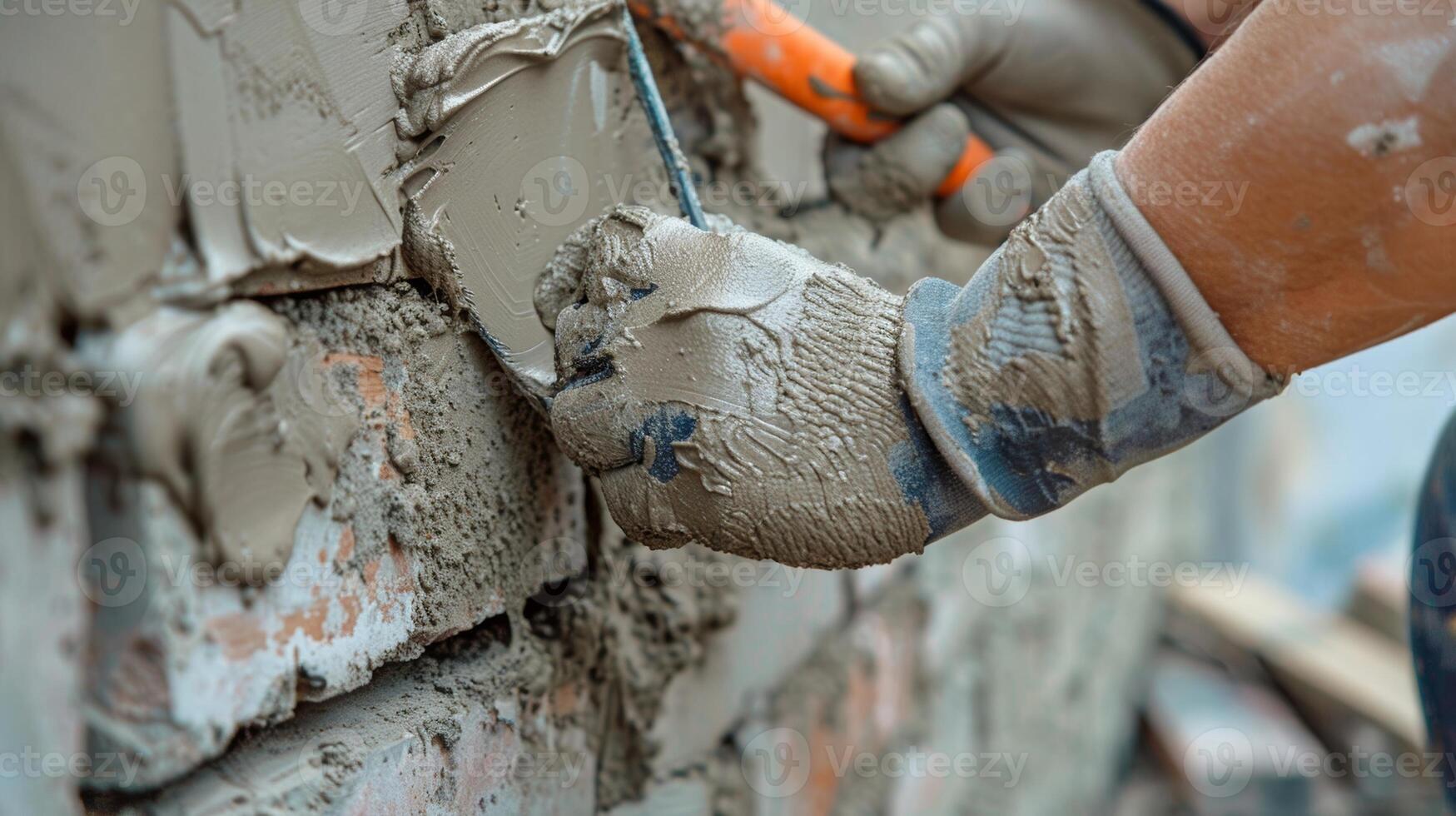 Working with steady hands the masons smoothly glide their trowels over the mortar creating a seamless finish on the masonry photo