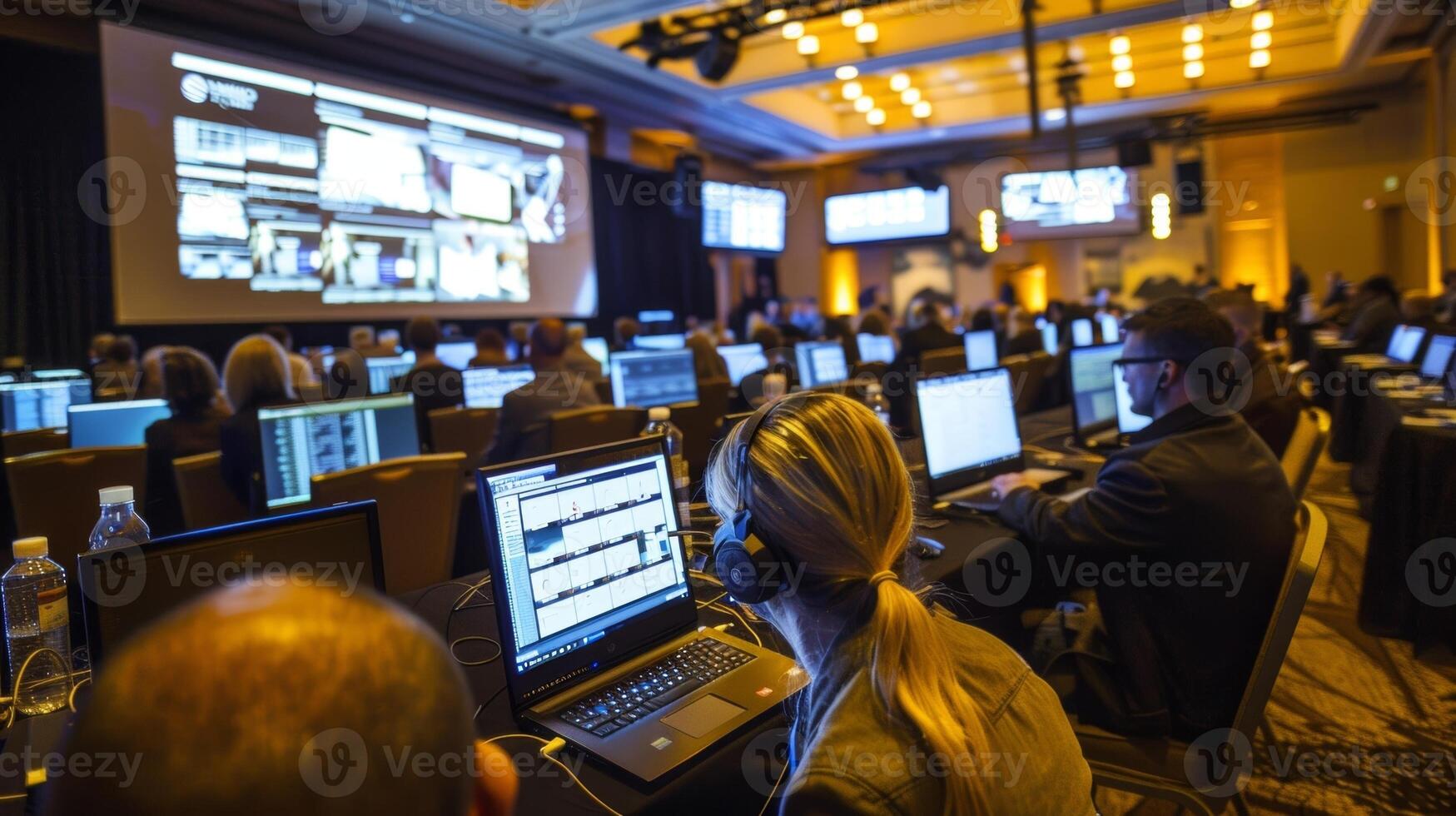 Brightly lit screens and laptops filling the room as contractors input data and make final adjustments to their presentations photo