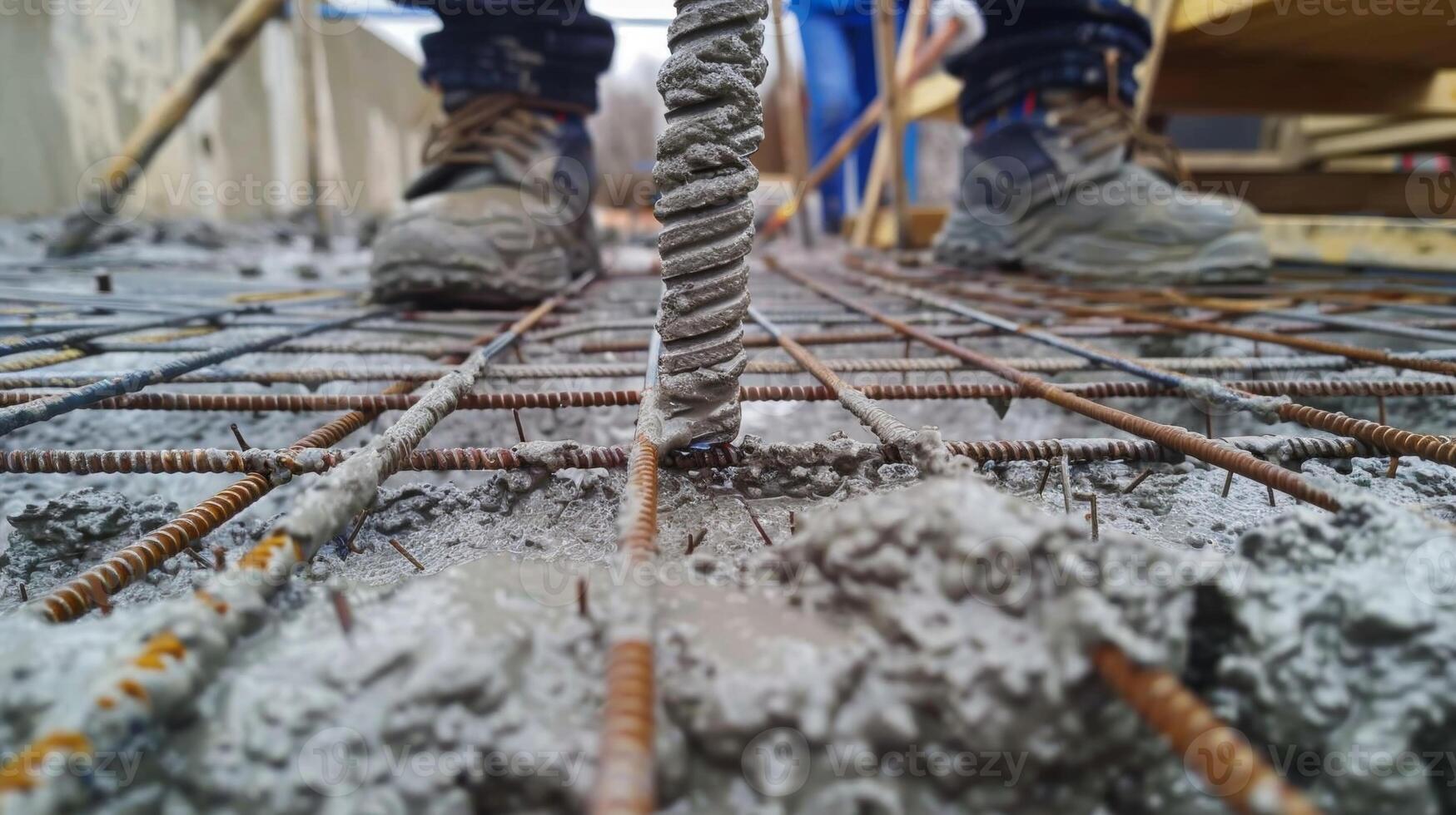The team adds reinforcement bars to the poured concrete strengthening its structure and durability photo