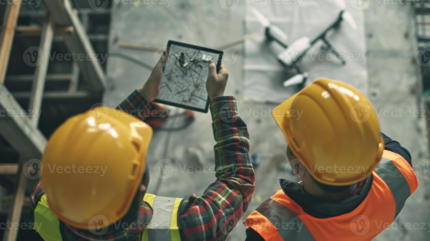 One architect is using a drone to capture aerial photos of the construction site while another is examining digital blueprints on a tablet