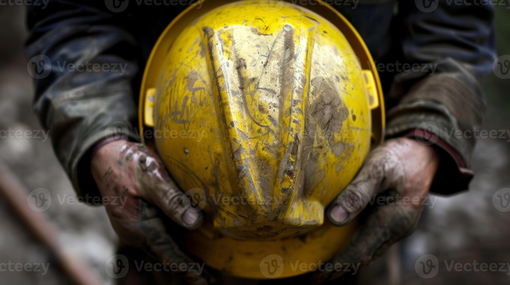 A worker puts on a bright yellow hard hat as he prepares for a safety drill ensuring he is easily visible in case of an emergency photo