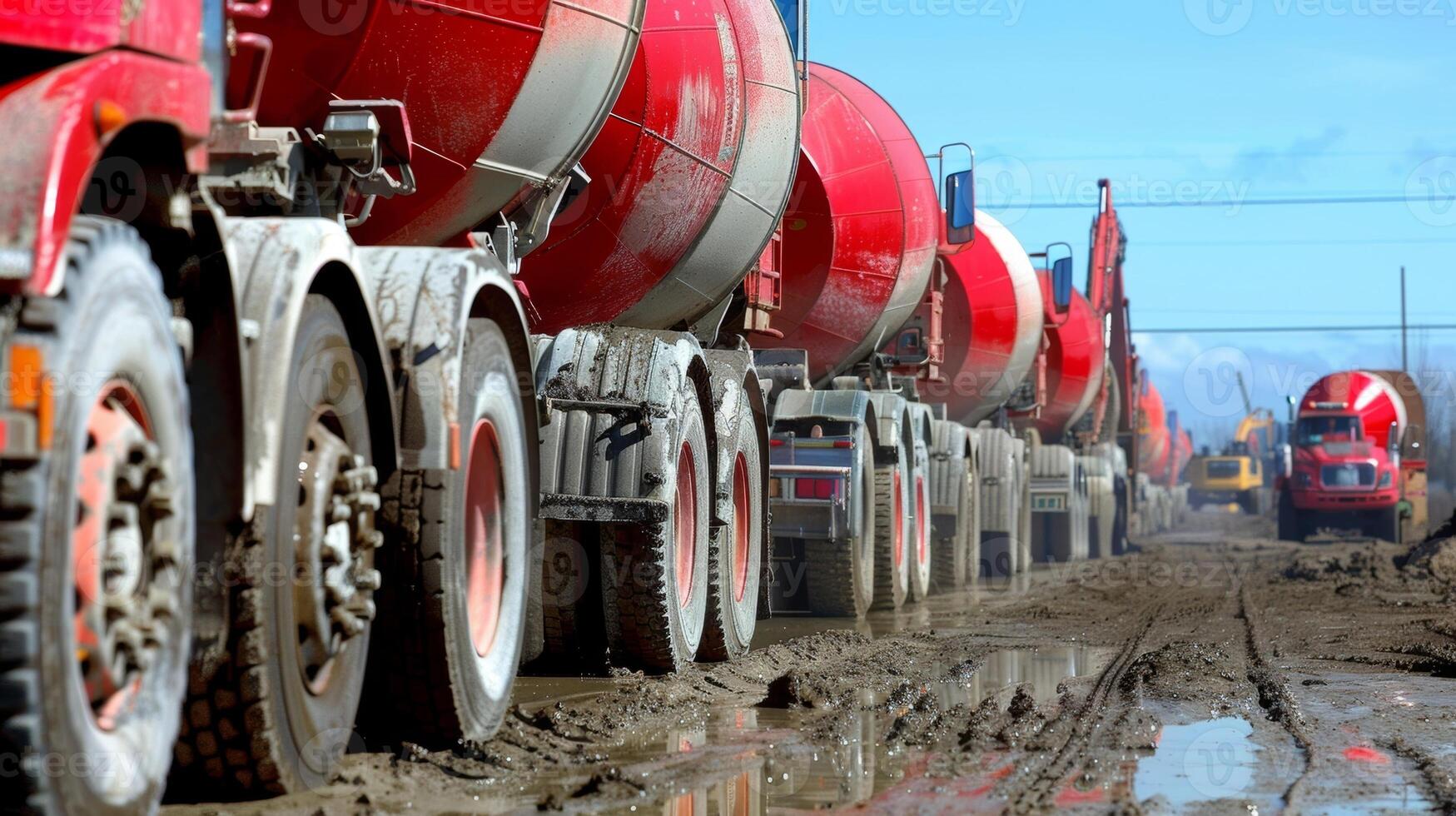 A parade of concrete mixers awaits their turn to pour concrete for the construction project photo