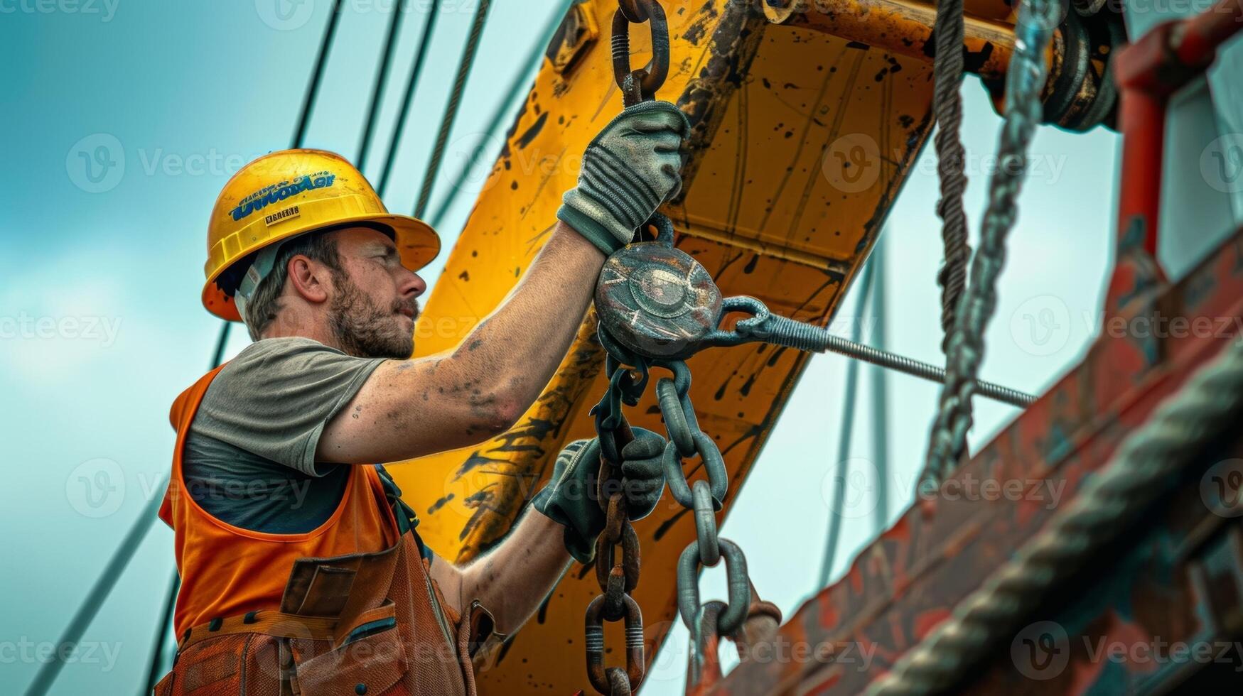 A crew member carefully tightens the bolts and screws that hold the crane together ensuring a secure fit for smooth operation photo