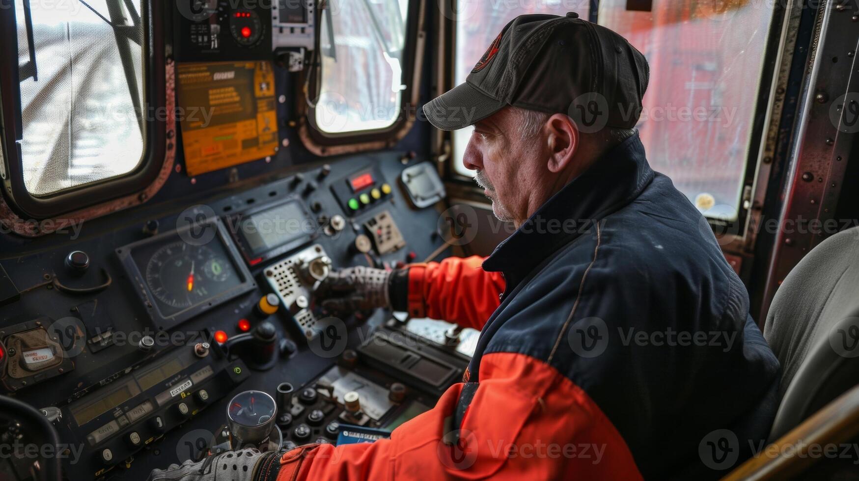 A worker carefully checks and double checks the various controls and buttons inside the operators cabin ensuring everything is in perfect working order photo