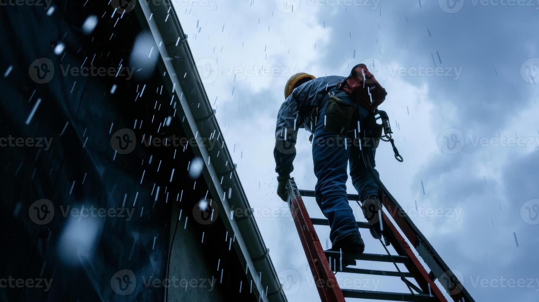 A construction worker scaling a tall ladder carefully securing it against the wind and rain to reach the roof of the building photo