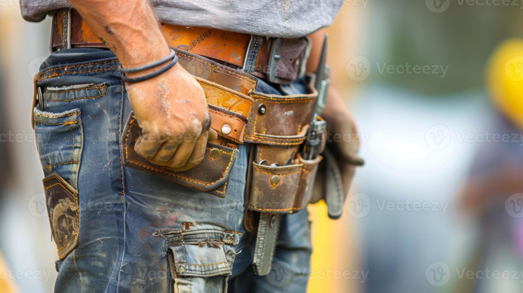 A worker proudly wearing their tool belt a symbol of their expertise and readiness for any construction task photo