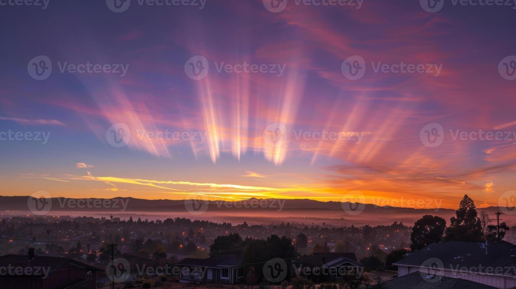 The sky is awash with ethereal columns emanating from the sun at dawn photo