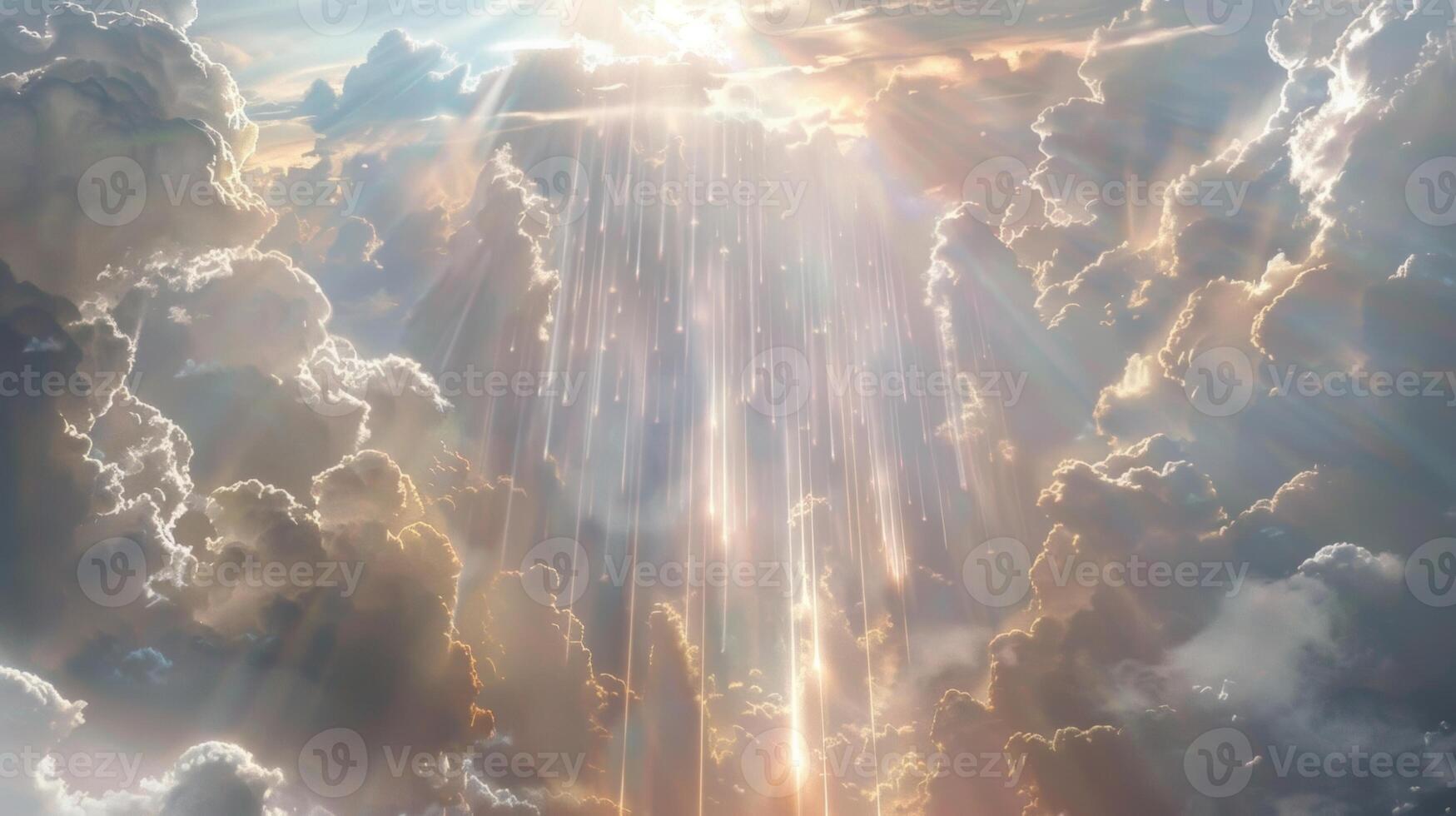 Sunbeams break through the clouds forming towering structures of light in the sky photo