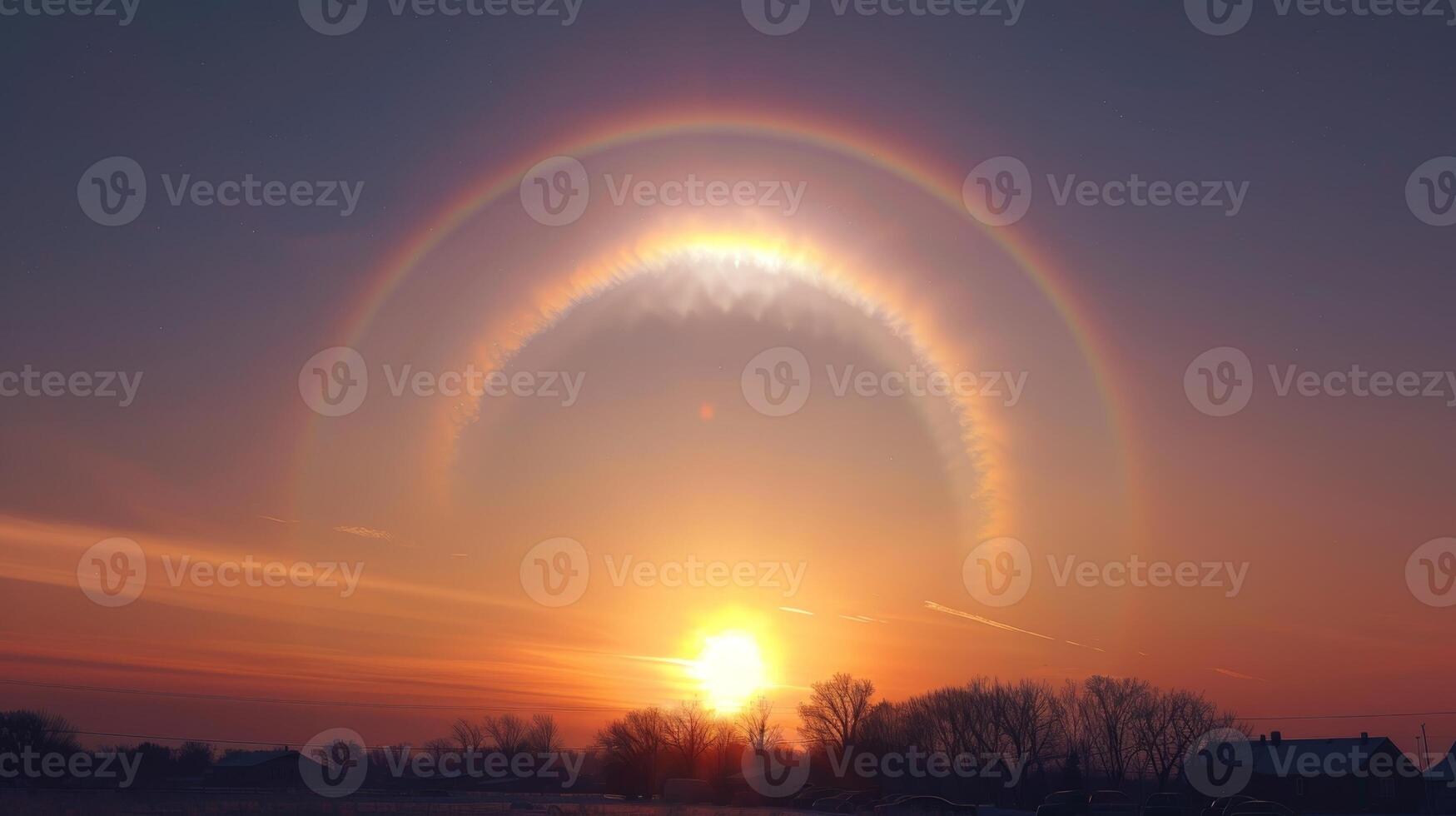 A radiant sun pillar shining above a circular halo of rainbow hues photo