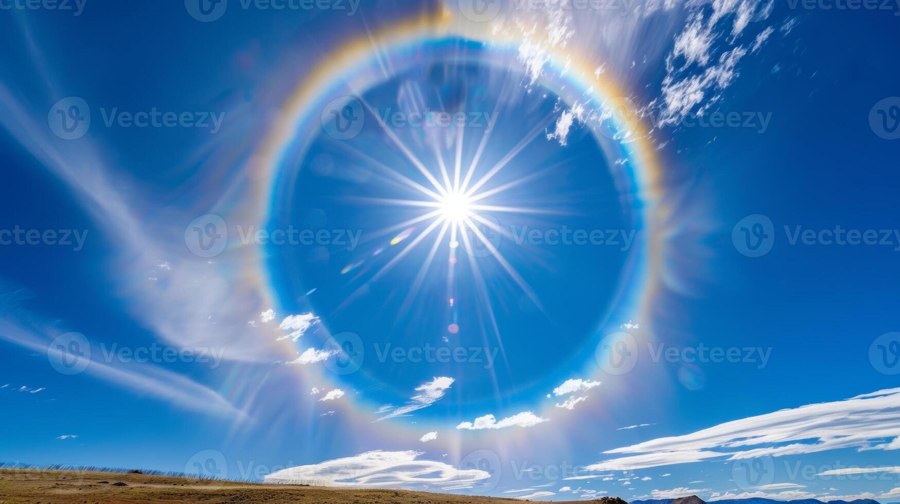 A shimmering multicolored solar halo illuminating a crisp blue sky photo