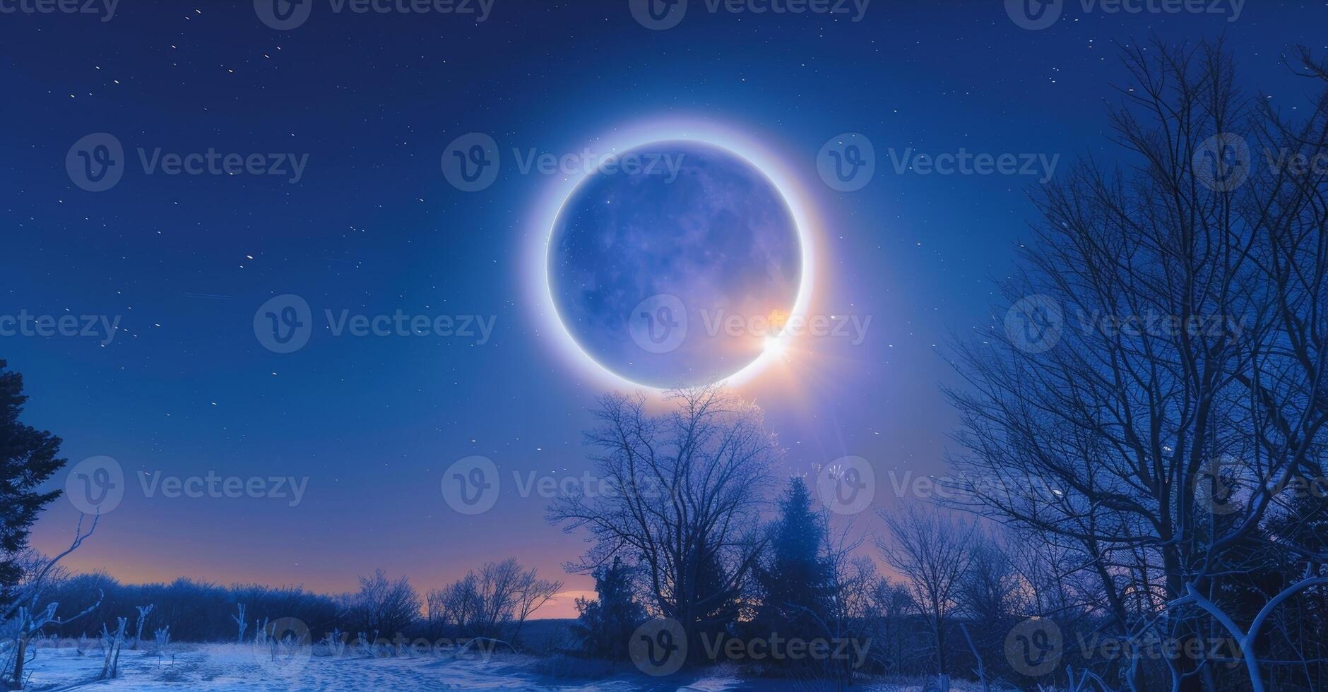 A celestial halo encircling a vibrant pinkhued moon on a cold clear night photo