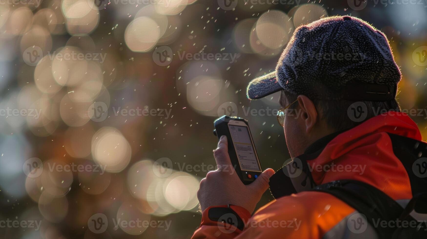 A researcher using a handheld weather station to record data on the sudden temperature changes brought by the warm winds photo