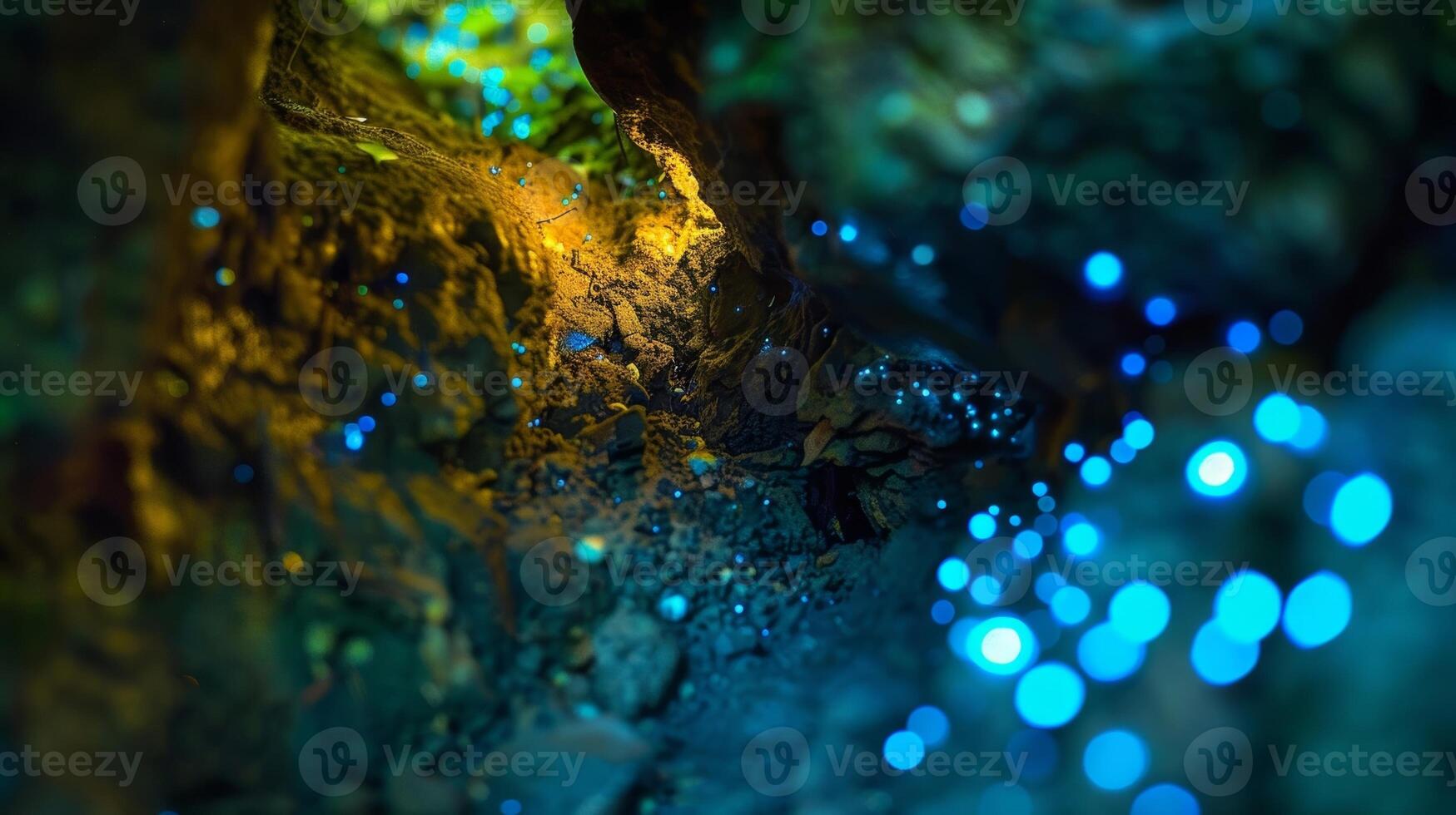 Amidst the dark twisting tunnels vibrant patches of bioluminescent moss bring bursts of color to the glowing caves photo