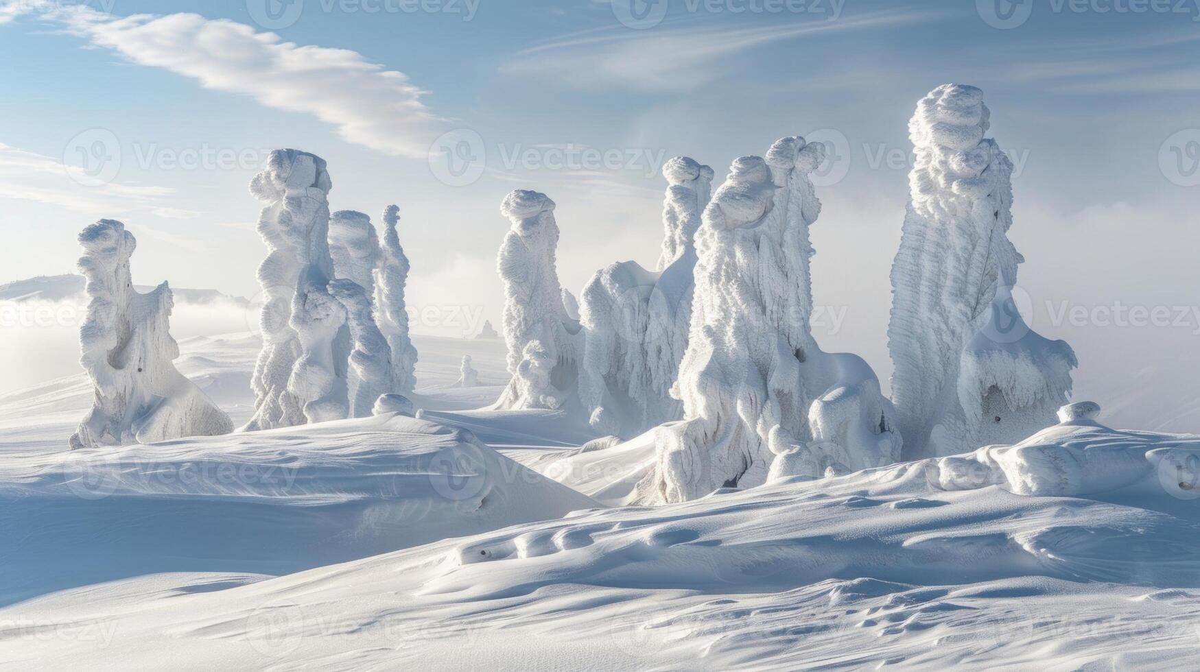 A hierarchy of snow chimneys with the tallest and most active towers serving as the focal point of the landscape photo