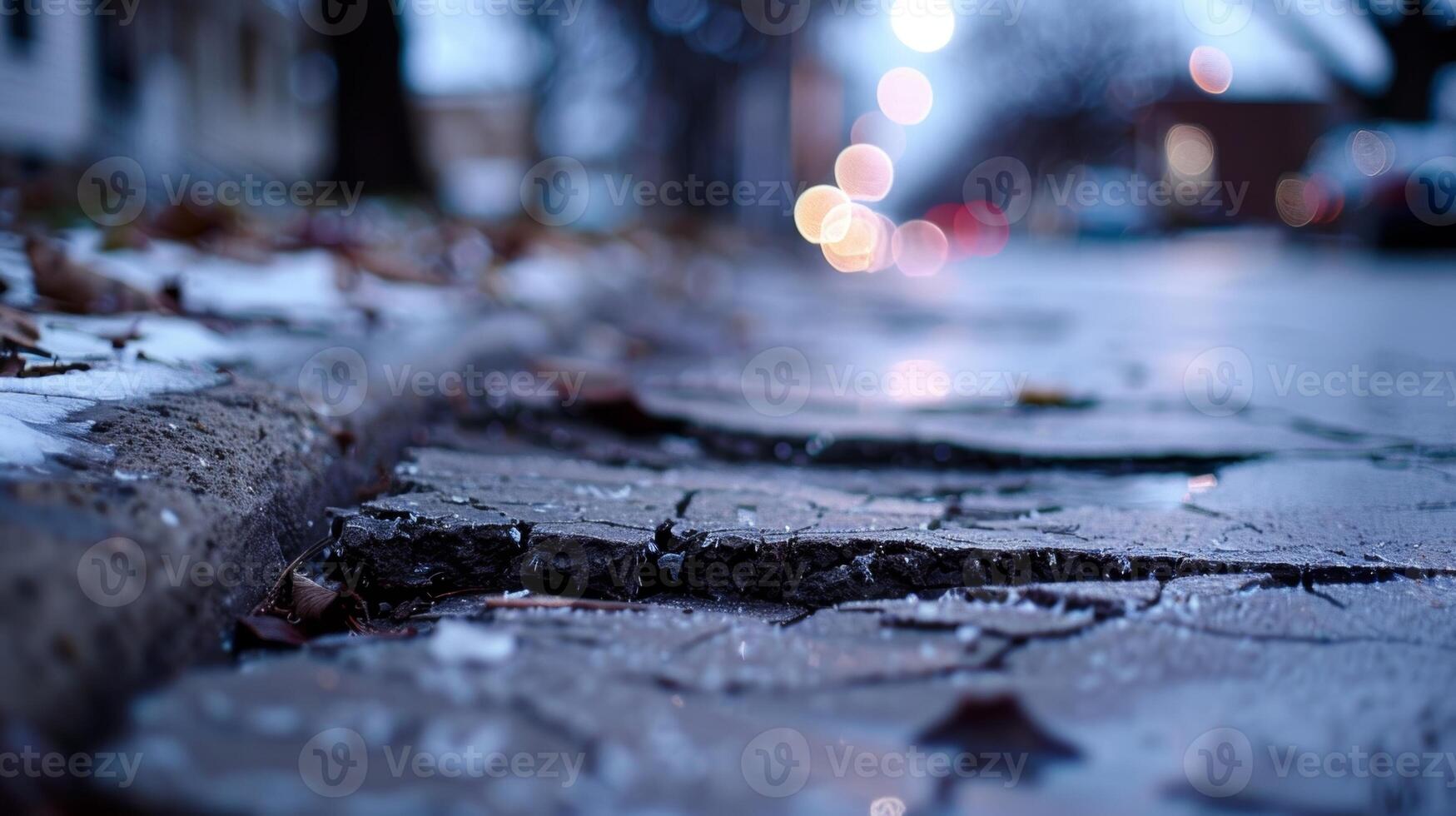 Jagged and cracked sidewalks a result of frost heaves pushing against the concrete photo