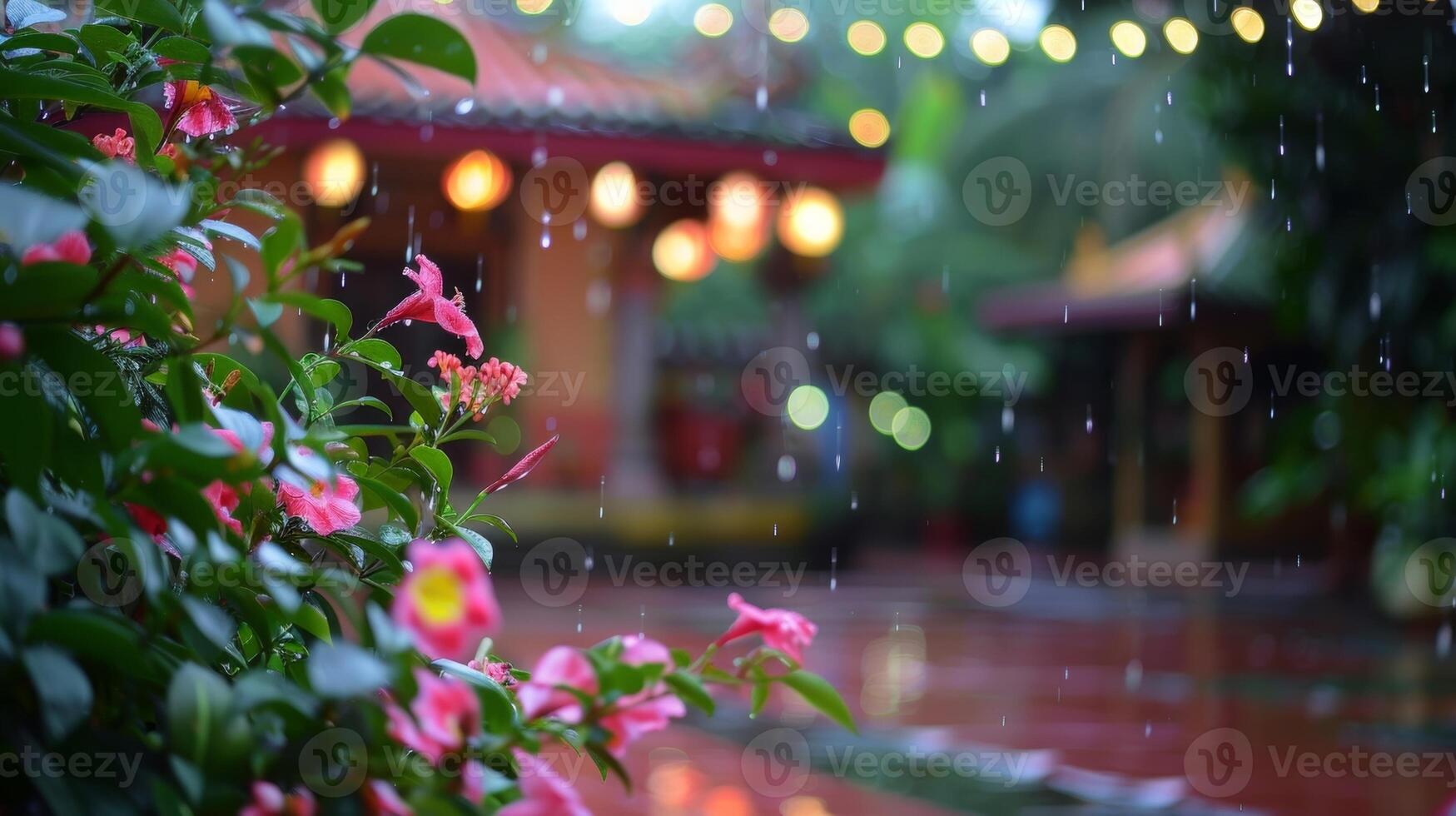 A peaceful temple with vibrant flowers and greenery blooming in the courtyard thanks to the monsoon rains photo
