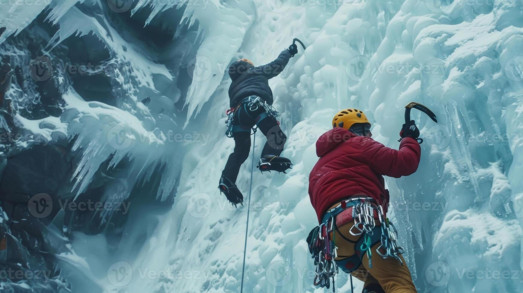 Brave ice climbers ascend the perilous walls of an iceberg seeking an adrenalinefueled adventure photo