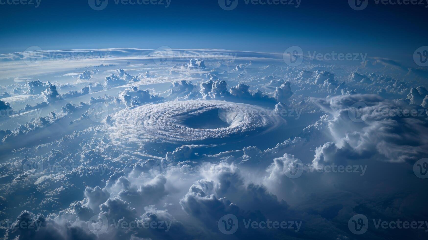 The intense winds of a hurricane causing clouds to spiral around a still and serene center photo