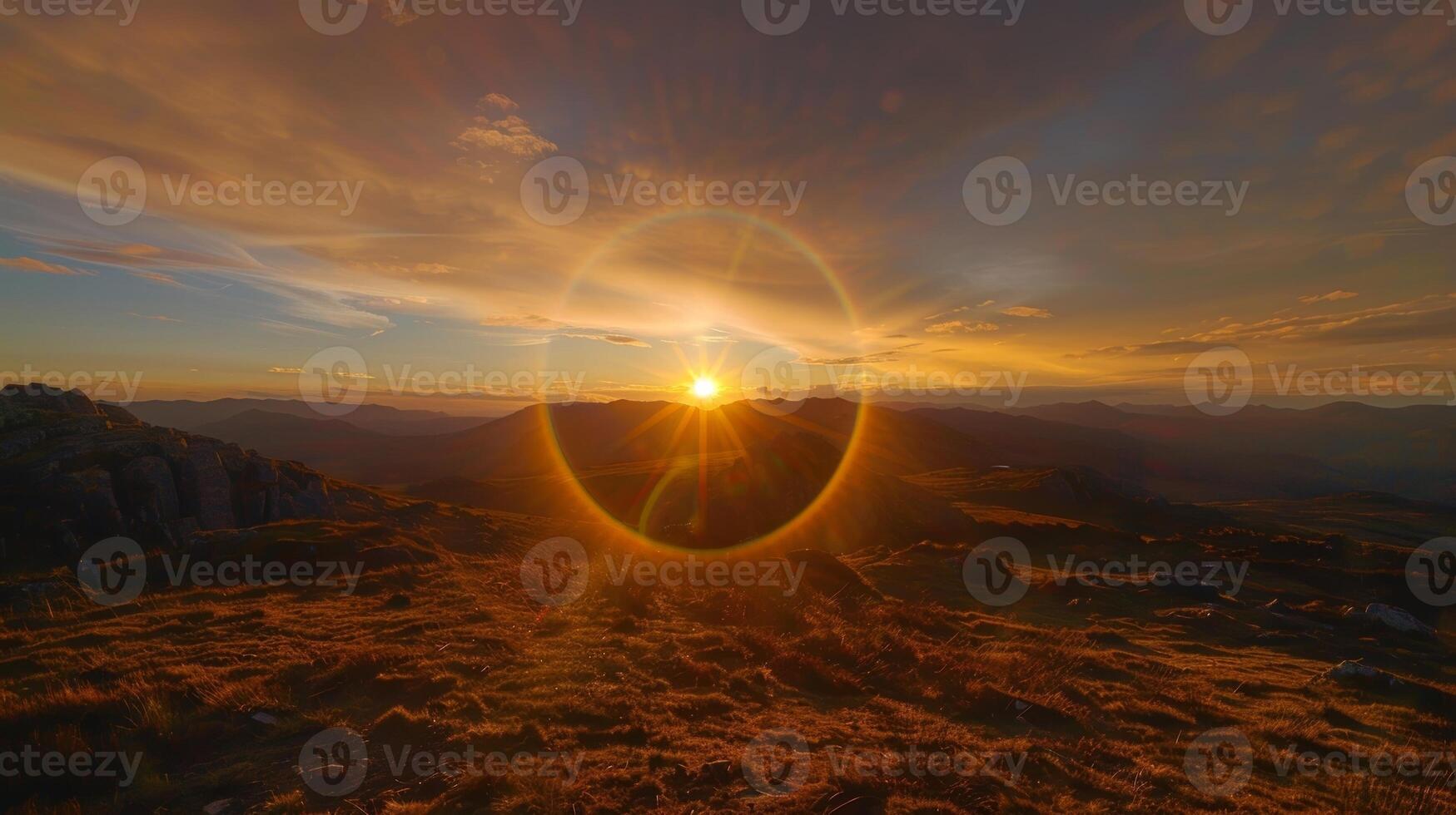 A stunning sunset with the sun dogs creating a halo effect around the sun casting a warm glow on the landscape photo